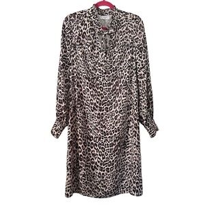 Weill Paris leopard print shift dress with neck tie and ruffled cuffs and collar